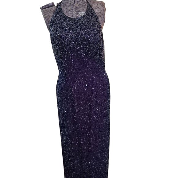 Vintage 1980's-90's Cache Beaded Formal Dress with Tie Halter Neck Purple-Blue - Picture 1 of 10